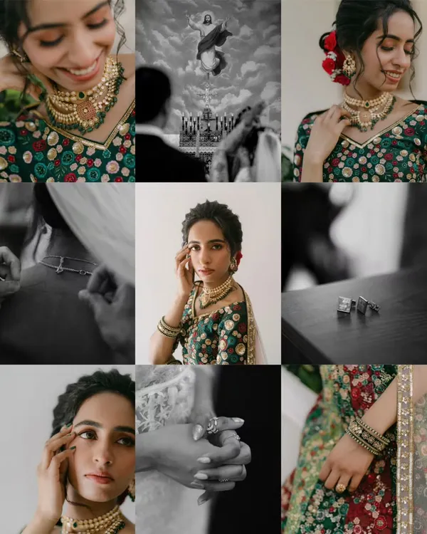 A beautiful mosaic of bridal details. This collage includes close-ups of her jewelry, makeup, henna, and moments from the ceremony, creating a rich tapestry of her wedding day story.