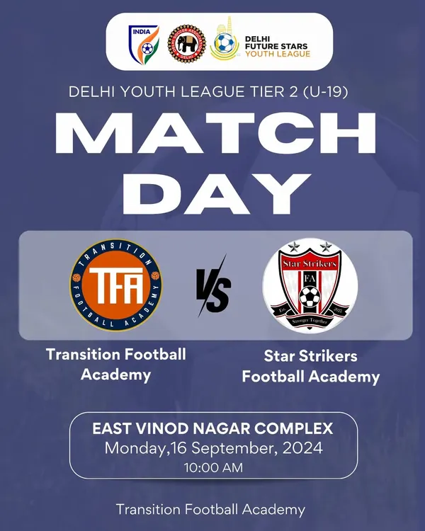 Match Day announcement for our U-19 team competing in the Delhi Youth League Tier 2. Consistent participation in competitive leagues is fundamental to player development at this senior youth level.