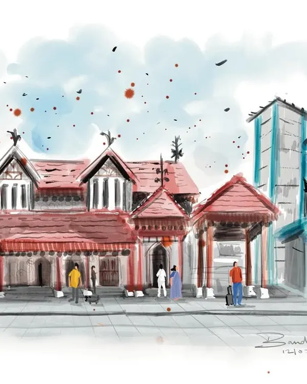 A colorful digital sketch of the historic Bandra station, a beautiful piece of heritage architecture. I wanted to capture the feeling of the place on a busy afternoon, with people coming and going under a bright sky.