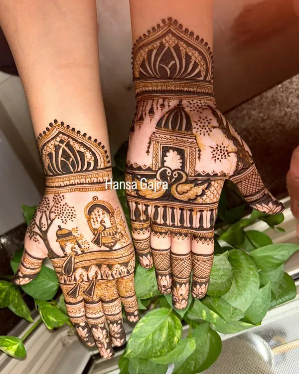A beautiful Karwachauth design featuring a woman looking through the sieve, surrounded by swans and architectural domes. This is storytelling through henna, perfect for the special day.