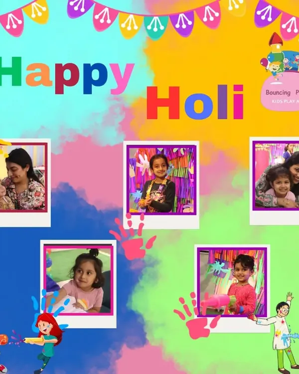 A colorful collage of happy faces from our Holi celebration. It's a joy to see kids and parents making memories together in a safe and festive environment.