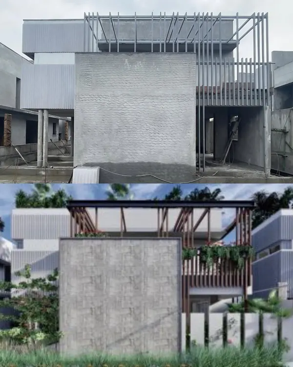 A comparison between the 3D render and the actual construction of 'Udyana' in Coimbatore. This shows how the design vision is faithfully translated into built form.