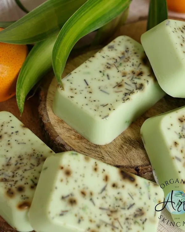 This is my 'Green Terminator' soap, made with green tea and lemongrass. It's a customer favorite for its fresh scent and hydrating properties, and it also helps in naturally repelling insects.
