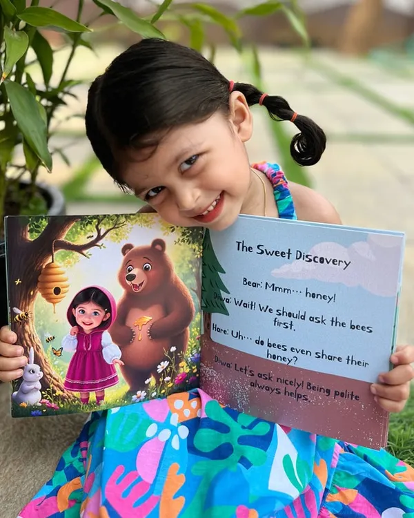 The pure joy of seeing yourself as the hero of your own story. I create these personalized books to capture that exact moment of wonder for your child, just like this little one enjoying her 'Masha and the Bear' adventure.