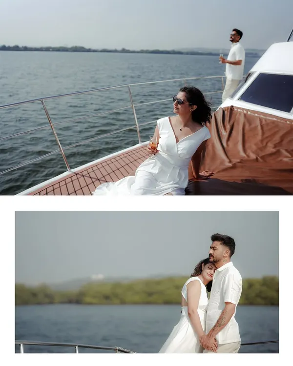 A diptych from a Goa pre-wedding shoot, showing a woman relaxing on a yacht and a couple sharing a tender embrace by the water.