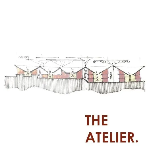 The initial concept sketch for The Atelier, illustrating the core idea of a street-like spine connecting a series of courtyard-based pods under a unifying canopy. This is where our architectural narrative begins.
