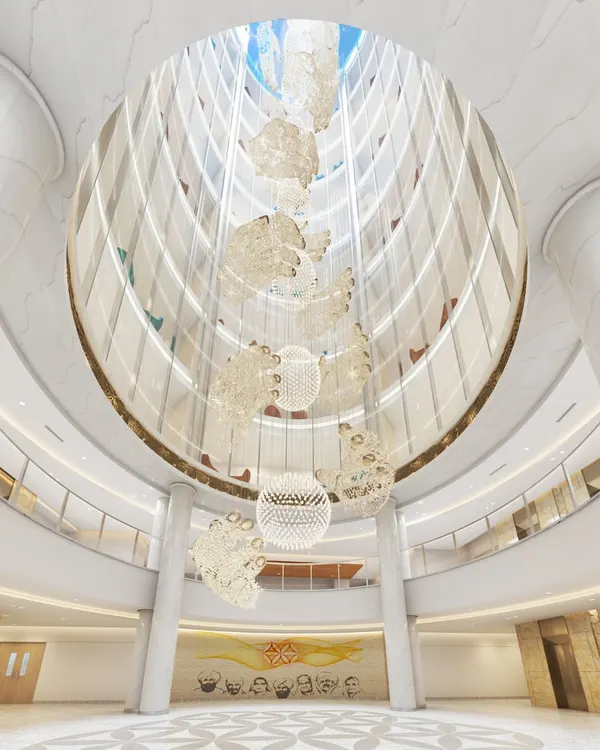 This render of the main atrium at Sant Nirankari Hospital shows how a central, light-filled void can become a primary organizing element. The grand chandelier and open sightlines across floors create an uplifting atmosphere and aid in intuitive wayfinding.