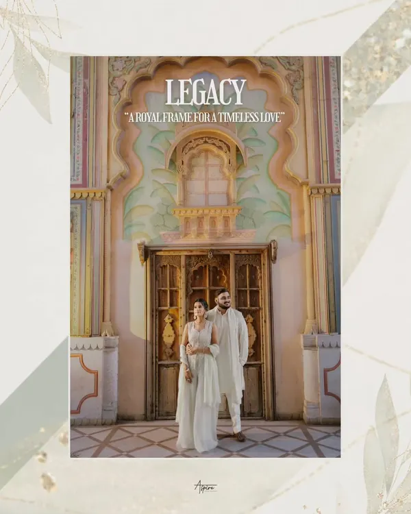 A royal frame for a timeless love. Here, we positioned Manav and Prachi against an intricately designed doorway in Jaipur, using the legacy of the architecture to complement the elegance of their story.