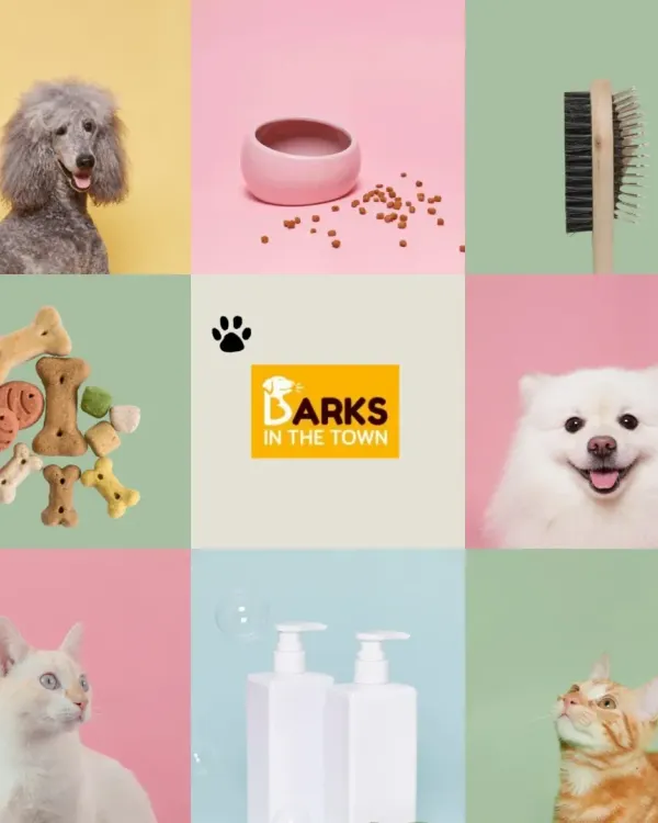 This collage provides a visual summary of what I offer. It features happy pets alongside images of food, treats, grooming tools, and shampoos, representing the complete care available at my store.