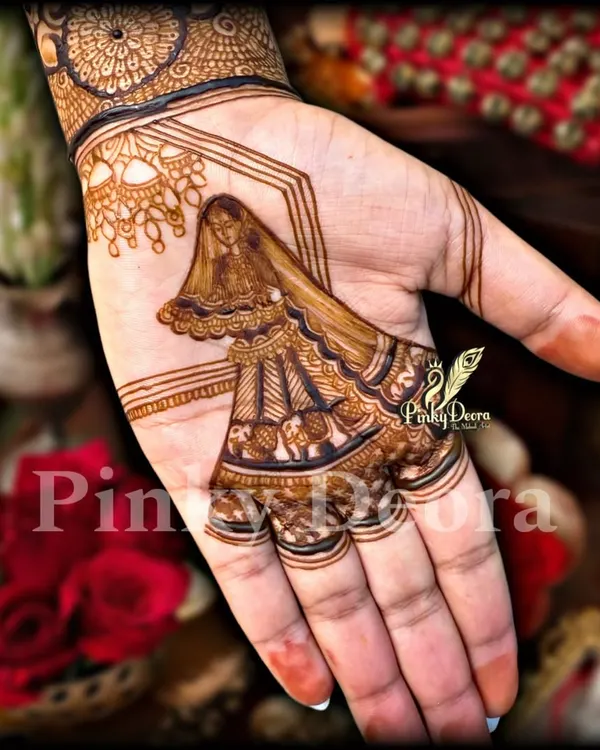 A bride's story, customized in henna. This design, featuring a full-figure bride in a ghoonghat on the palm, is a perfect example of the personalized and intricate work you will learn to create in my bridal masterclass.