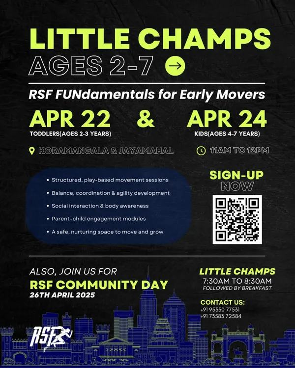 Announcing our Little Champs program for early movers aged 2-7. These free workshops are designed to build foundational skills through structured play, social interaction, and parent-child engagement.