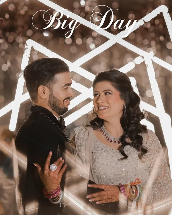 A perfect portrait from a glamorous Sangeet night. We used the modern, geometric light decor as a stunning backdrop to create a stylish and romantic image of the couple.