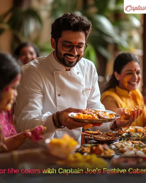 Savor the colors of the festival with my special Holi catering. This image captures the joyful spirit of Holi, with a chef serving delicious food to guests, perfectly matching the vibrant energy of the celebration.