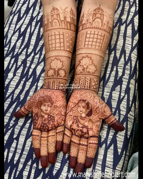 This is a full bridal mehndi design featuring portraits of the bride and groom, along with architectural details of a gurdwara. Creating such personalized story-telling designs is a key part of my advanced course.