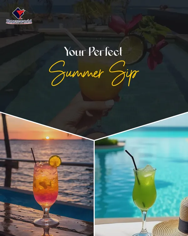 Your perfect summer sip, captured in three different settings: poolside, seaside, and at sunset. This collage showcases our range of refreshing cocktails that are perfect for any summer celebration.