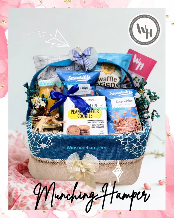 My "Munching Hamper" is perfect for the ultimate snack lover. This denim and jute basket is filled with Snackible chips, protein cookies, and waffle crisps for a gourmet experience.