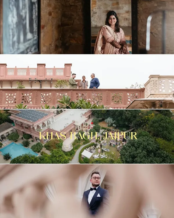 A glimpse into a destination wedding at Khas Bagh, Jaipur. The drone shot shows the scale of the heritage property, setting the scene for a royal celebration.