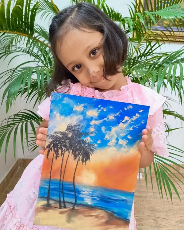 This stunning beach scene was painted by Bella. Her use of color to capture the sunset is incredible, and this is one of the many beautiful pieces from our young artists that you can choose for your merchandise.