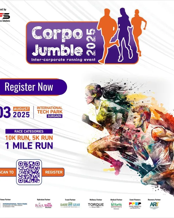The ultimate corporate showdown. This poster for the Corpo Jumble 2025 invites companies to register their teams for our premier inter-corporate running event, offering a unique platform for team building and brand visibility.
