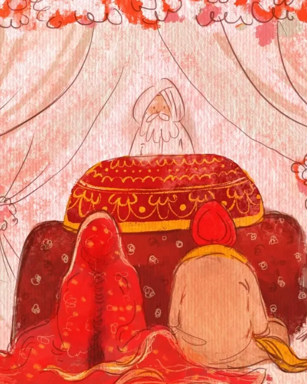 This illustration portrays the sacred Anand Karaj ceremony, a Sikh wedding. It represents the beginning of a spiritual and emotional journey for a couple, a moment of divine union that I am often commissioned to capture in my custom art prints.