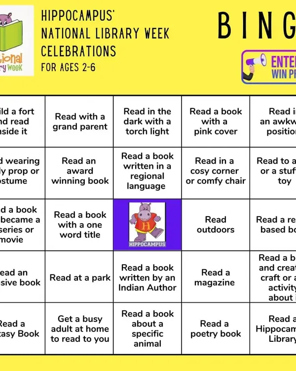 BINGO! Our National Library Week Reading Bingo is the perfect way to explore new books. Read in a silly costume, build a fort, or read outdoors to complete the challenge and win prizes.