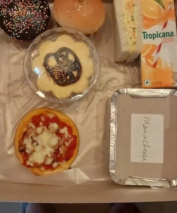 This is what pure happiness in a box looks like! My kids' snack boxes are packed with a delicious mix of treats, perfect for birthdays or any special day. This one features a mini pizza, a chocolate sprinkle cupcake, a chicken slider, a sandwich, baked mac and cheese, and a juice box.