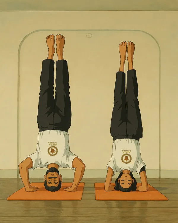 If Aikia were a Ghibli film... a whimsical illustration of two yogis in Sirsasana, where breath flows like wind and the mat is a portal to inner peace.