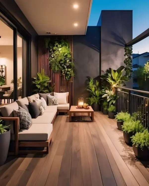 This spacious balcony is designed for evening entertaining with a large wooden sectional and warm, ambient lighting. We used a combination of a vertical garden and numerous potted plants to create a lush, jungle-like feel against the dark, modern walls.