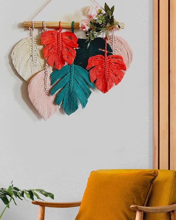 Here is an example of a beautiful macramé wall hanging you can create using my Monstera leaf stencils and colorful cotton cords. It adds such a vibrant, tropical feel to any room.