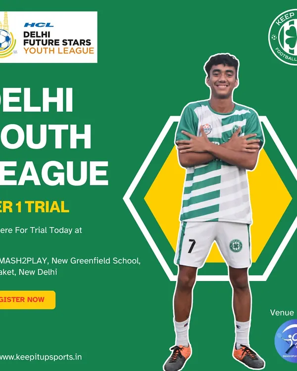 An opportunity for young talent. This poster announces the Delhi Youth League Tier 1 Trial held at our Saket venue, a pathway to the AIFF Youth League.