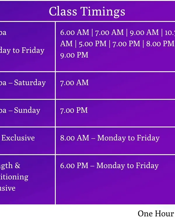 Our comprehensive class schedule. With multiple batches for Zumba, Yoga, and Strength training throughout the day, timing will never be an issue.
