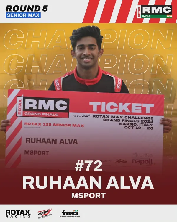 Our 2024 Senior Max National Champion, Ruhaan Alva, proudly displays his ticket to the Rotax MAX Challenge Grand Finals in Sarno, Italy. Winning our championship provides a direct entry to compete against the world's best.