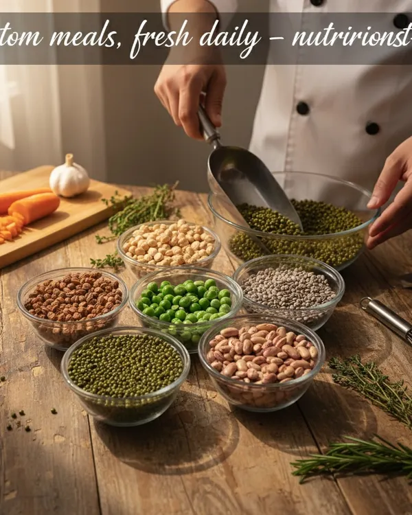 This is where the magic begins. A chef carefully measures out fresh legumes and grains, the foundation of our custom, nutritionist-led meals. We handpick every ingredient to ensure quality and freshness in every bite.