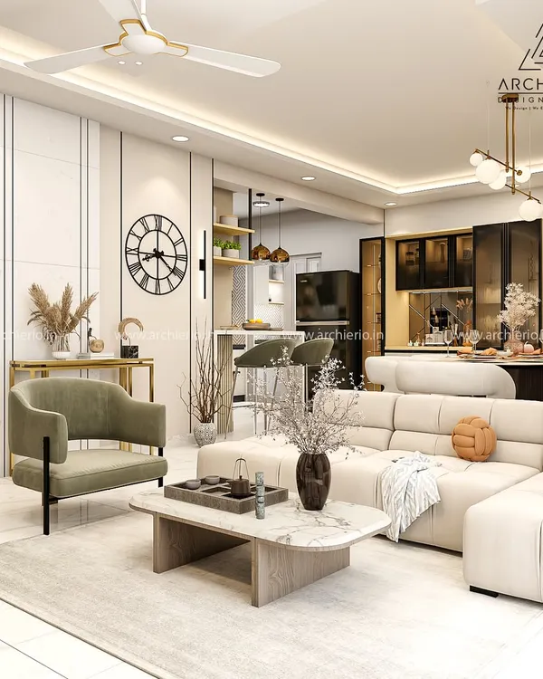 An open-concept living and dining area where clean lines and a neutral palette create a sense of spaciousness. The design connects the kitchen, dining, and living zones for a seamless flow.