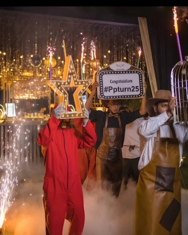 This is how we make an entrance. My crew arrives with smoke, sparklers, and custom props to kick off the celebration, turning a simple drink service into a grand announcement that the party has officially begun.