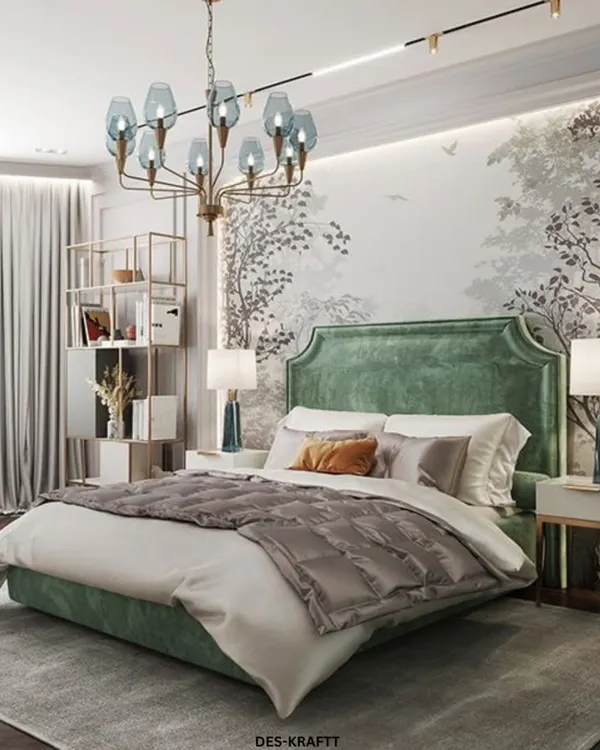 A side view of this serene bedroom, highlighting the custom shelving unit and the elegant chandelier that adds a touch of modern glamour to the nature-inspired space.