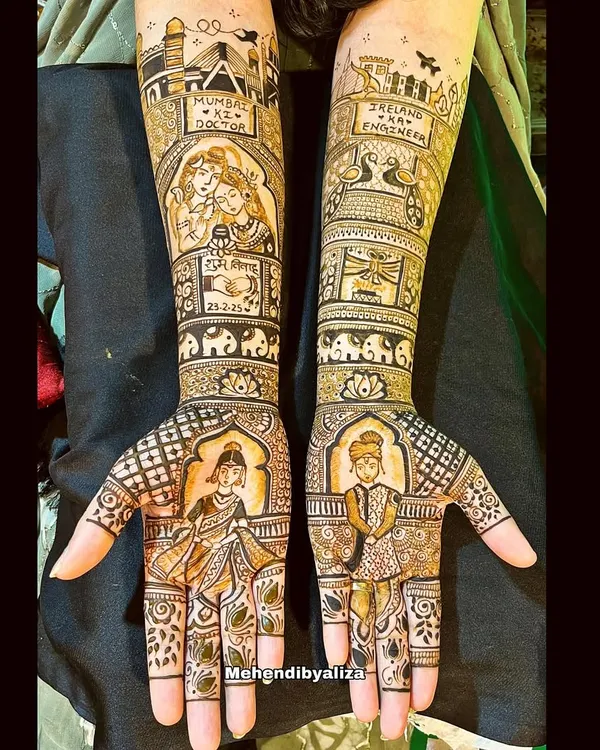 This is what I love most, weaving your personal story into my designs. For this bride, we captured her long-distance love story, from a doctor in Mumbai to an engineer in Ireland, complete with portraits and special dates. Your mehendi should be as unique as your journey.