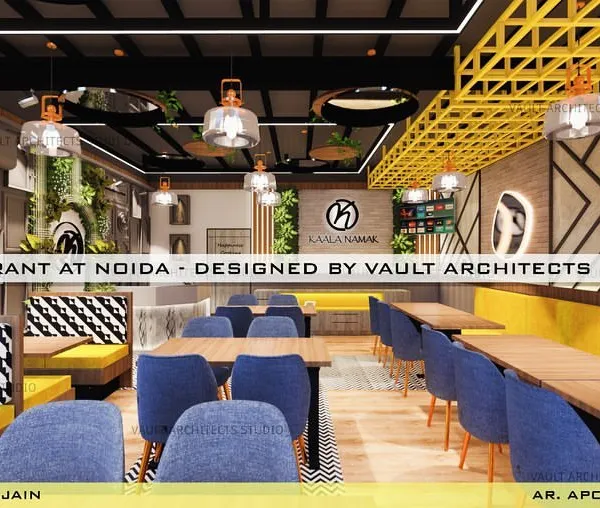 This is a 3D render of the restaurant we designed in Noida. The design features a vibrant mix of yellow and blue, industrial-style ceiling elements, and varied seating arrangements to create a dynamic and welcoming atmosphere.