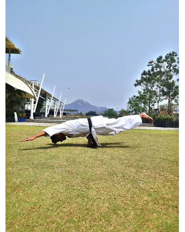 The one-hand Mayurasana. This pose is about testing what your body is capable of against the laws of nature, requiring supreme balance and strength.