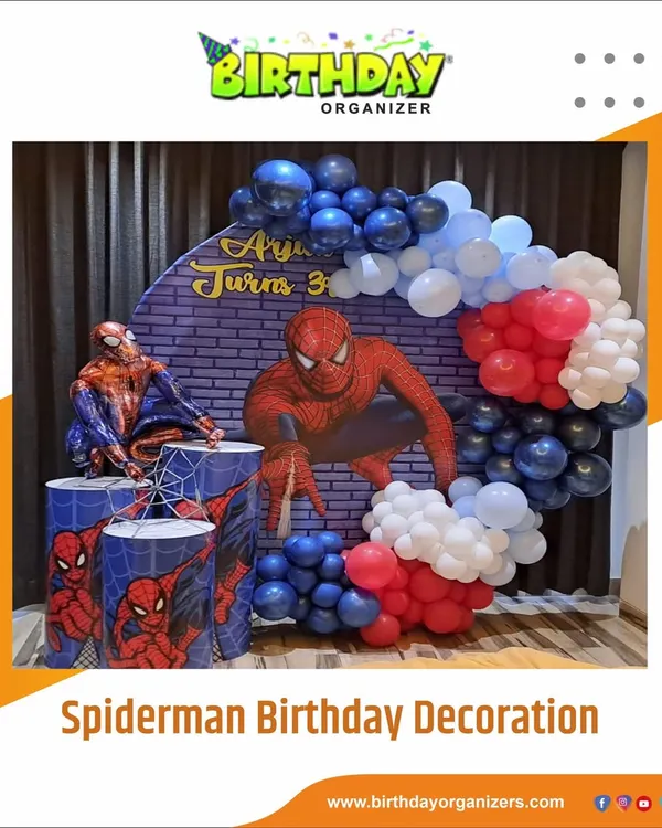 Your friendly neighborhood Spiderman swings into the party. This dynamic setup includes a brick wall backdrop, character cutouts, and a red, white, and blue balloon garland, perfect for any young superhero fan's birthday.