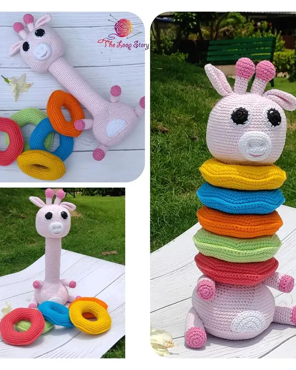 This adorable pink giraffe stacking toy is one of my favorite creations. Made with 100% soft cotton yarn, it's a safe and engaging developmental toy for toddlers, designed to be both fun and educational.