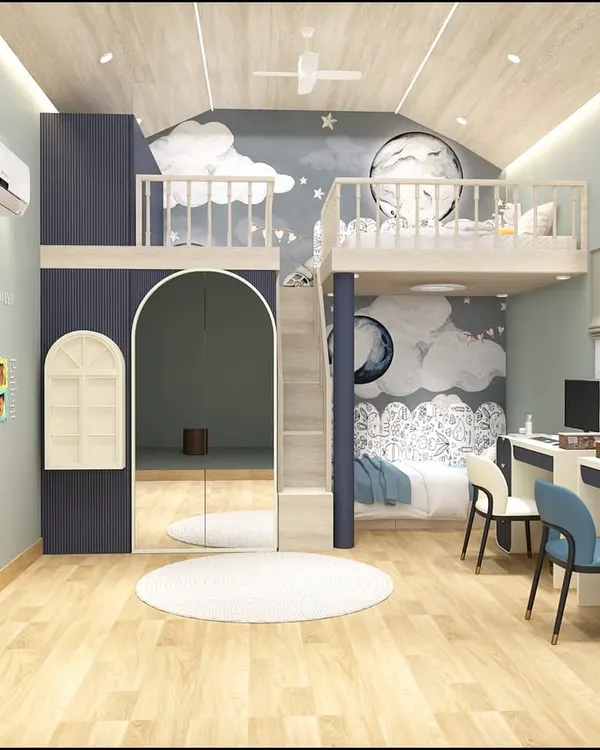 Where bedtime stories meet boardroom dreams. This imaginative kids' room features a loft bed, a double study desk, and a fun, dreamy mural to spark creativity.
