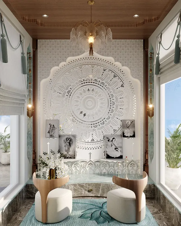 Placed in a prime corner of the home, this mandir is a serene sanctuary bathed in light. It features a stunning, traditional white jali mandala as its centerpiece, radiating quiet strength and spirituality.