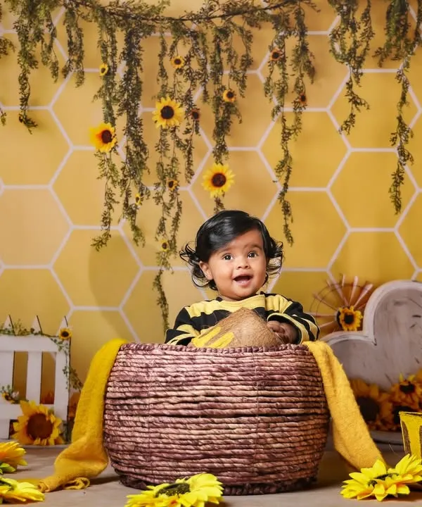 Our little honey bee is as sweet as can be in this adorable sunflower and honeycomb themed setup.