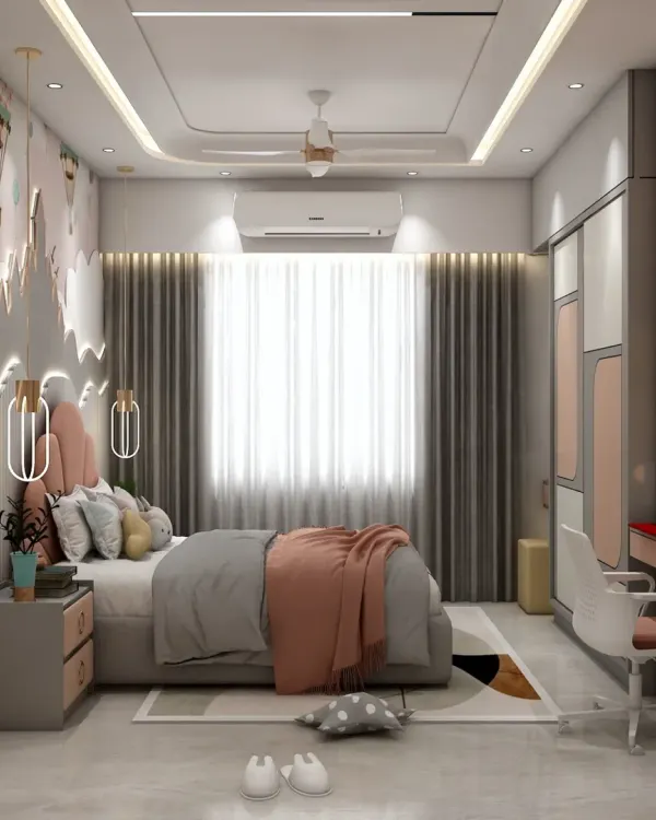 A whimsical kids' room with a hot-air balloon themed mural. The design includes a cozy bed, a compact study desk, and plenty of storage, making it a perfect space for a growing child.