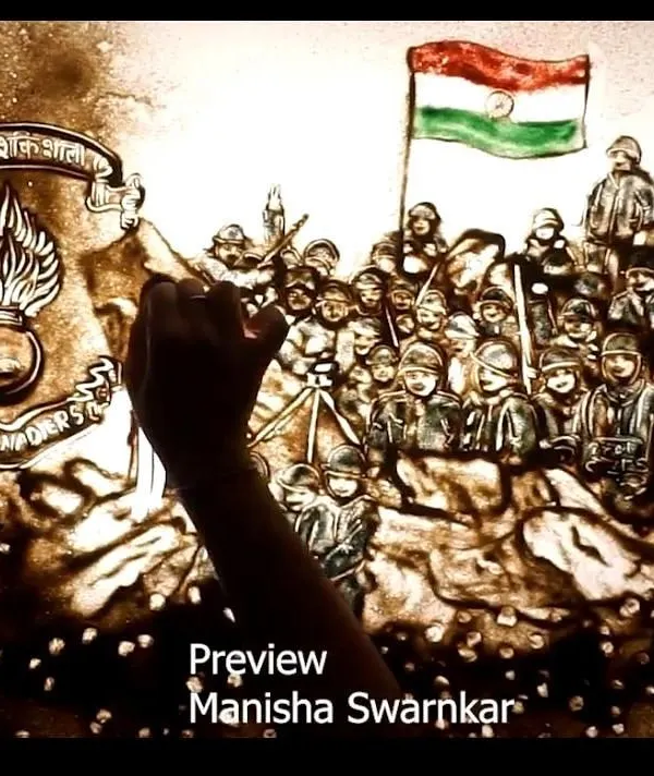 Sarvada Shaktishali. A powerful frame from a sand art film created for the Indian Army, showing our brave soldiers with the tricolour held high. A tribute to our real heroes.