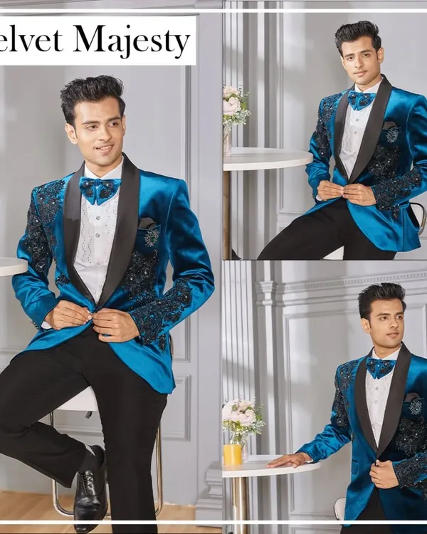 This is not just a tuxedo, it is a statement. Crafted from luxurious blue velvet with intricate sleeve embroidery, this piece is designed for the man who is ready to own the spotlight at any high-profile party or reception.