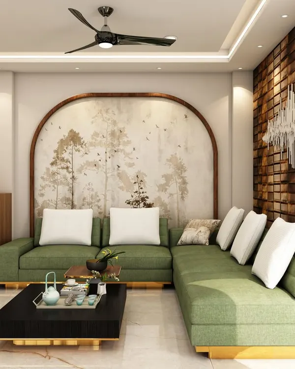 This living room design combines a plush green sectional sofa with a textured 3D wall panel and a unique soundwave art piece, creating a space that is both comfortable and visually dynamic.