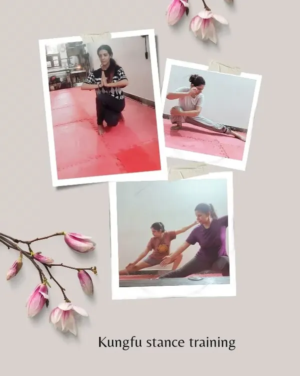 Kung Fu stance training is the foundation of our fitness. This collage shows students working on fundamental postures and stretches that build a strong base and improve flexibility.