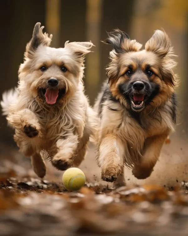 Double the fun! Two furry friends racing for a tennis ball during playtime in our spacious outdoor area.